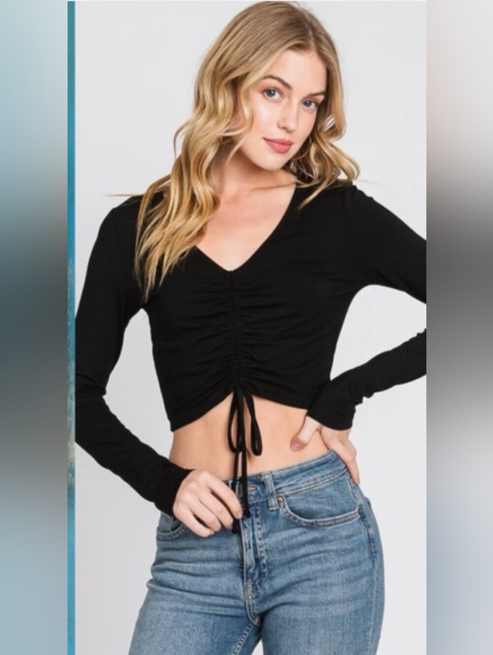 Aerie Offline Black Front Cinched Long Sleeve
